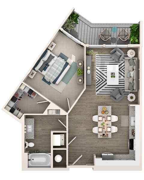 Floor plan for 1 bed, 1 bath, 746 sqft